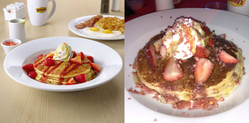 On the left, the press image, and on the right, an actual image, of Denny’s Co-Reactor Pancakes